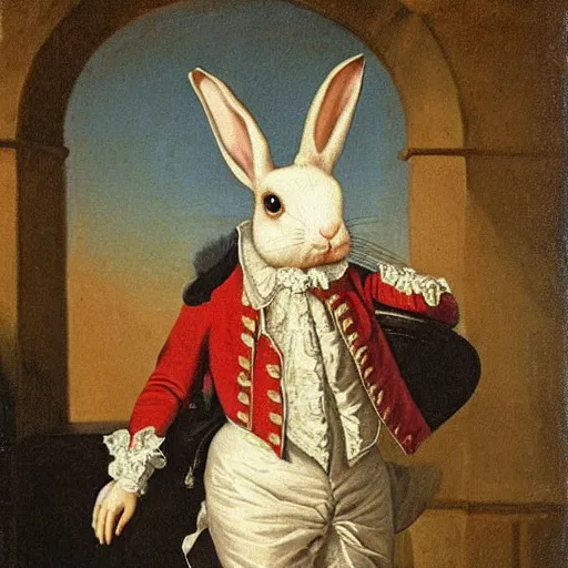 Image similar to a rabbit dressed as mozart, realistic oil painting 1 7 0 0 s