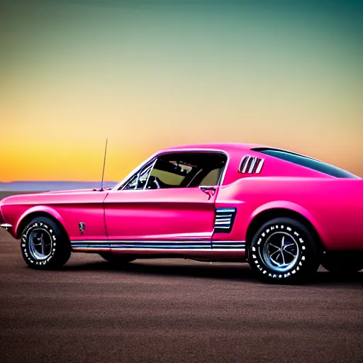 Prompt: long shot of 1967 Ford mustang Shelby GT500 in pink color at sunset in front a beach, 8k, amazing reflection from the car, UHD Photography