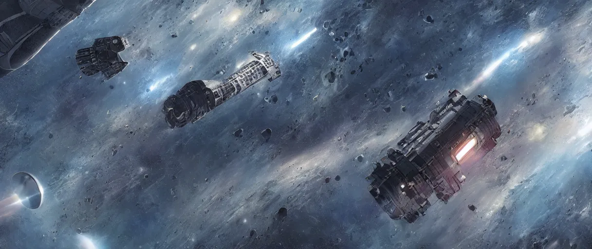 Image similar to illustration, a single small spaceship, deep space exploration, alone, the expanse tv series, industrial design, battlestar galactica tv series (2004), cinematic lighting, 4k, greebles, widescreen, wide angle, sharp and blocky shapes, extraterrestrial paradise, hyper realistic, hubble photography, comic book palette, beksinski