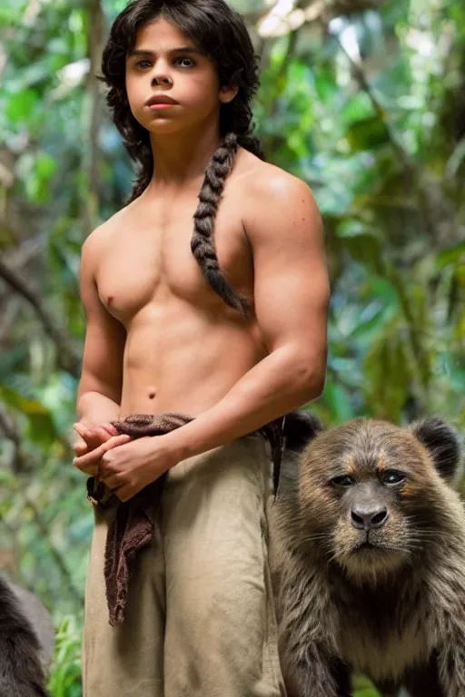 Image similar to young jake t. austin plays mowgli in the live action adaptation of the jungle book, 3 5 mm photography, highly detailed, cinematic lighting, 4 k