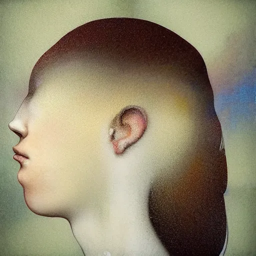 Prompt: A beautiful mixed mediart of a person in profile, with their features appearing both in front of and behind their head. niello inlay by Lori Earley, by Tom Bagshaw, by Franco Fontana distorted