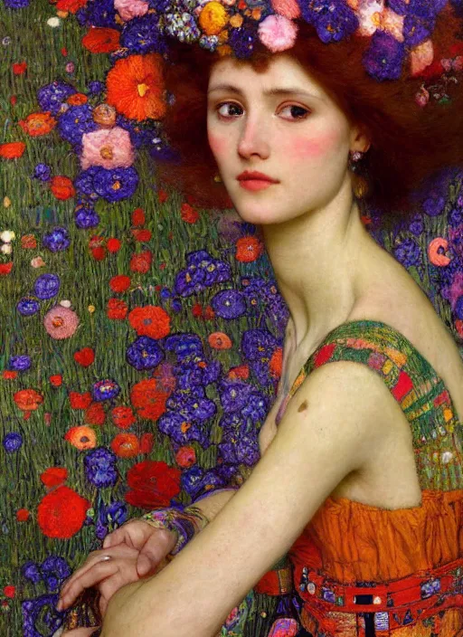 Prompt: a beautiful woman in a colorful dress surrounded by colorful patterns and flowers by john william waterhouse and gustave klimt and and edgar maxence and michael whelan, artistic, intricate realistic fantasy, extremely detailed and beautiful face, 8 k resolution, dramatic lighting