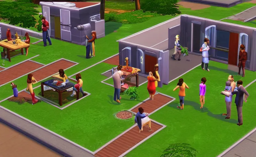 Prompt: little ai copies of a families playing out the motions of a dinner, the sims 1 graphics