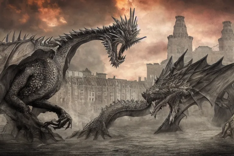 Image similar to photo of sad dragon from game of thrones with the background of the sreets of depressive soviet commieblocks houses, photorealism,