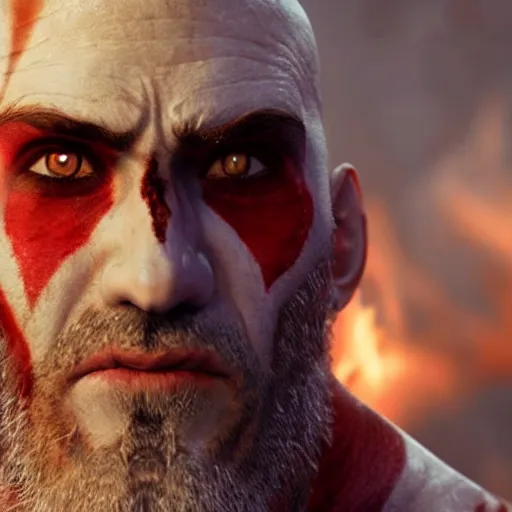 Prompt: a realistic photograph of mike ehrmantraut dressed up as kratos, makeup, bald, epic pose, fire, 4 k