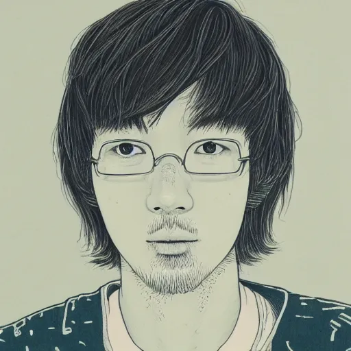 Image similar to a portait of a 2 4 years old man with a sweetshirt made by inio asano, detailed