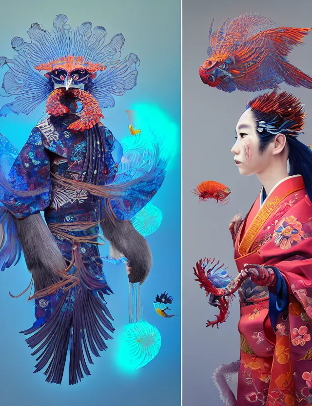 Image similar to 3 d shaman profile portrait. beautiful intricately detailed japanese crow kitsune mask and clasical japanese kimono. betta fish, jellyfish phoenix, bio luminescent, plasma, ice, water, wind, creature, artwork by tooth wu and wlop and beeple and greg rutkowski