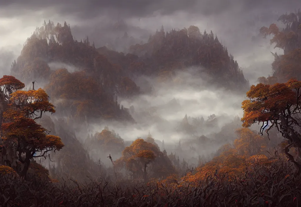 Image similar to hell landscape without people, high trees, top of the hill, above low layered clouds, deep focus, fantasy, intricate, elegant, highly detailed, digital painting, artstation, concept art, matte, sharp focus, illustration, hearthstone, art by rhads and artgerm and greg rutkowski and alphonse mucha. gediminas pranckevicius