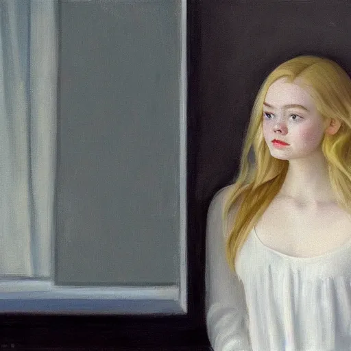 Image similar to Painting of Elle Fanning under gray clouds, long blonde hair, delicate, pale milky white porcelain skin, by Edward Hopper. 8K. Extremely detailed.