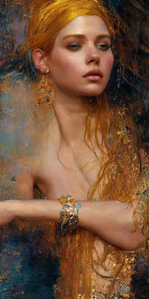 Image similar to an intricate portrait painting of an artistic pose young beautiful mermaid, klimt golden motives and textures, hyper - detailed, octane render, vivid colors, artstation, by jeremy mann, by gustav klimt