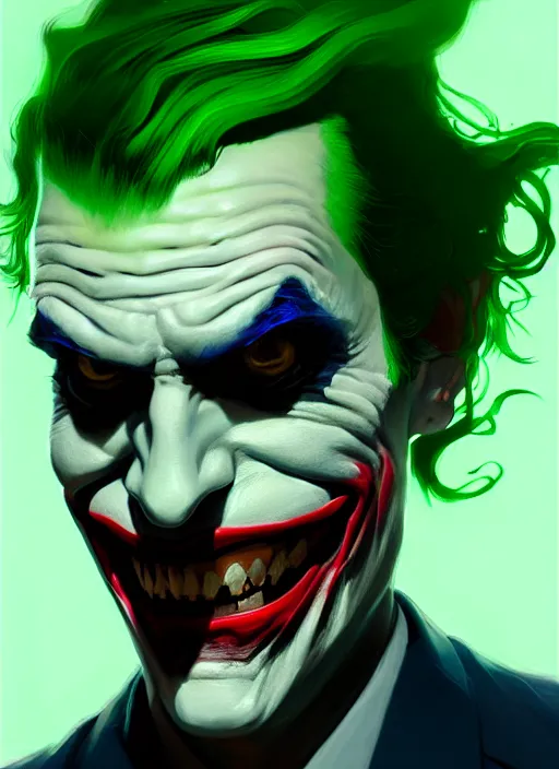 Image similar to portrait of the joker, green hair, intricate, elegant, glowing lights, highly detailed, digital painting, artstation, concept art, sharp focus, illustration, art by wlop, mars ravelo and greg rutkowski