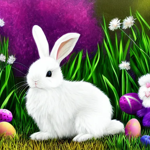 Prompt: cute fluffy white lop eared bunny rabbit sitting in meadow of spring flowers with easter eggs detailed painting 4k