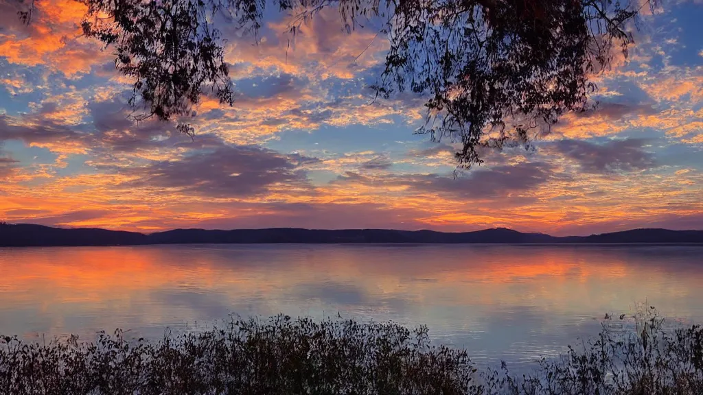 Image similar to tranquil mesmerizing calm lake at sunset detailed, 8k, mesmerizing, low saturation, high resolution