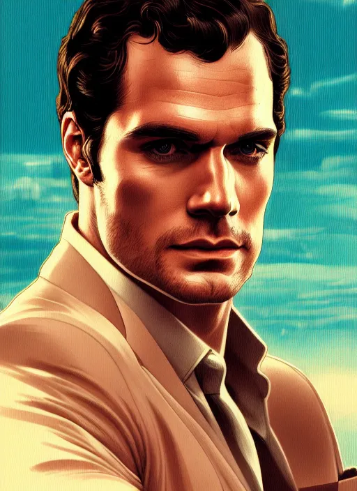 Image similar to portrait of henry cavill as james bond, casino, key art, sprinting, palm trees, highly detailed, digital painting, artstation, concept art, cinematic lighting, sharp focus, illustration, by gaston bussiere alphonse mucha