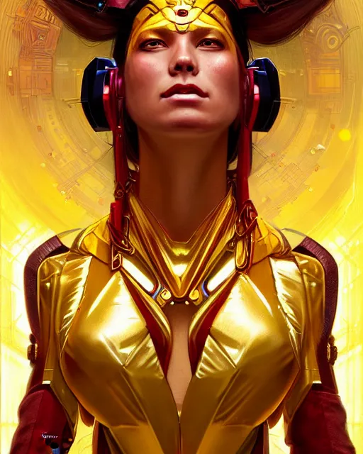 Image similar to portrait of a beautiful cyberpunk amazonian woman wearing a gold red, beautiful symmetrical face, golden, fantasy, regal, by stanley artgerm lau, greg rutkowski, thomas kindkade, alphonse mucha, loish, norman rockwell.