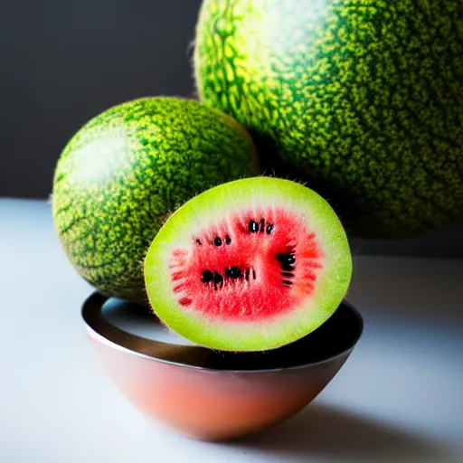 Image similar to a kiwi fruit merged with a watermelon! Ultra realistic! 25mm f/1.7 ASPH Lens!