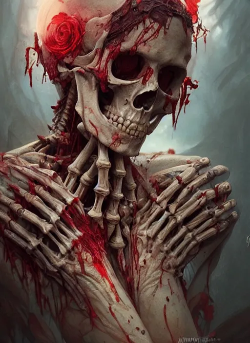 Prompt: human skeleton covered with blood, ultra realistic, concept art, intricate details, highly detailed, photorealistic, octane render, 8 k, unreal engine. art by artgerm and greg rutkowski and alphonse mucha