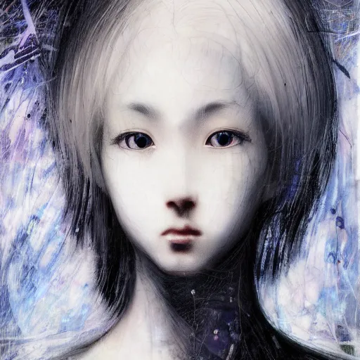 Image similar to Yoshitaka Amano dreamy and blurry portrait of an anime girl with white hair and cracks on her face wearing dress suit with tie fluttering in the wind, abstract black and white patterns on the background, head turned to the side, noisy film grain effect, highly detailed, Renaissance oil painting, weird camera angle