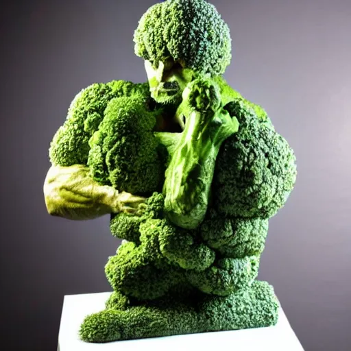 Image similar to sculpture of a bodybuilder made entirely from fresh broccoli by antoni gaudi