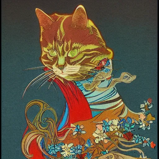 Image similar to model clay flowing rainbow cat by susan herbert and hiroshige ii and theophile steinlen and louis wain and min zhen and arthur rackham and pierre bonnard and bonnie mclean and wes wilson, 8 k, artstation