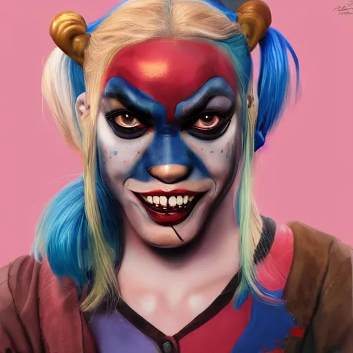 Image similar to Harley Quinn as a beautiful young ape kid, illustration, comic, by James Jean, artgerm, octane render, by John Coltrane and Marc Simonetti, high detail of the face, full body