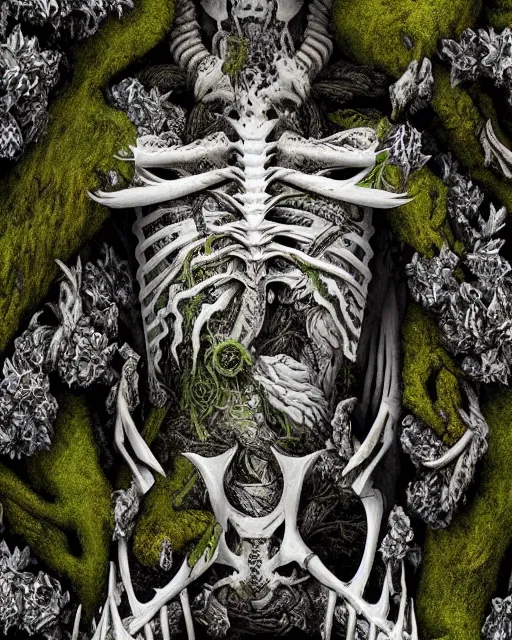 Image similar to white dragon skeleton covered in moss and flowers, intricate details, hyperrealistic, hr giger