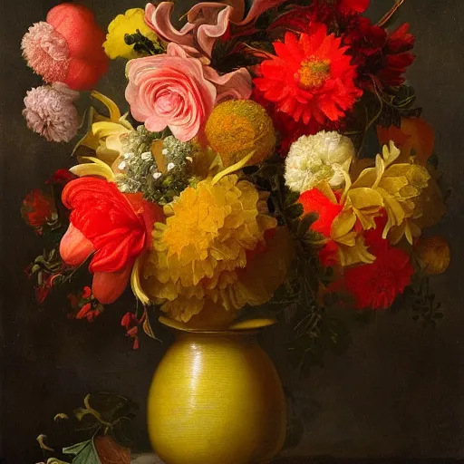 Image similar to lush floral bouquet in reds oranges yellows greens by rachel ruysch