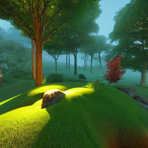 Image similar to green and healthy terrain, enveloping nature, colored point lights, volumetric lighting, unreal engine, 8K,