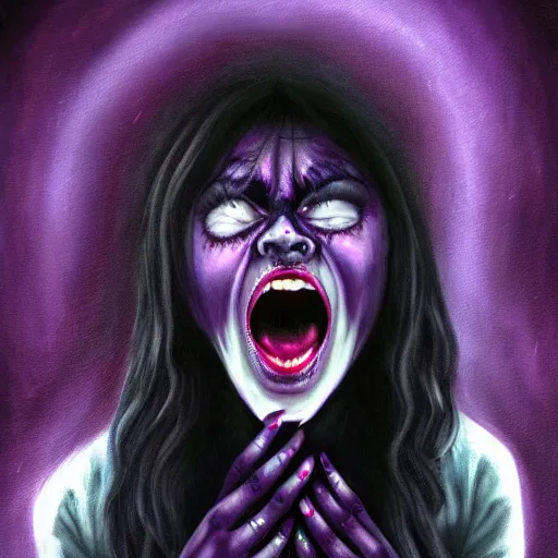 Image similar to extrem mad girl with extrem anger screams into the void to release her anger, high detail painting in dark purple colors by grandfailure