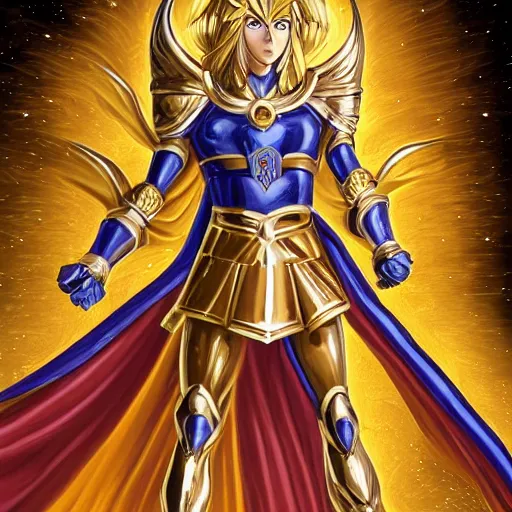 Image similar to A radiant, extreme long shot, photo of a 27-year-old Caucasian male wearing the Gemini Gold Armor, Beautiful gold Saint, Jaw-Dropping Beauty, gracious, aesthetically pleasing, dramatic eyes, intense stare, immense cosmic aura, from Knights of the Zodiac Saint Seiya, inside the Old Temple of Athena Greece,4k high resolution, exquisite art, art-gem, dramatic representation, hyper-realistic, atmospheric scene, cinematic, trending on ArtStation, Pinterest and Shutterstock, photoshopped, deep depth of field, intricate detail, finely detailed, small details, extra detail, ultra detailed, attention to detail, detailed picture, symmetrical, octane render, arnold render, unreal engine 5, high resolution, 3D, PBR, path tracing, volumetric lighting, golden hour, 8k, Photoshopped, Award Winning Photo, groundbreaking, Deep depth of field, f/22, 35mm, make all elements sharp, at golden hour, Light Academia aesthetic, Socialist realism, by Annie Leibovitz S 3789729843