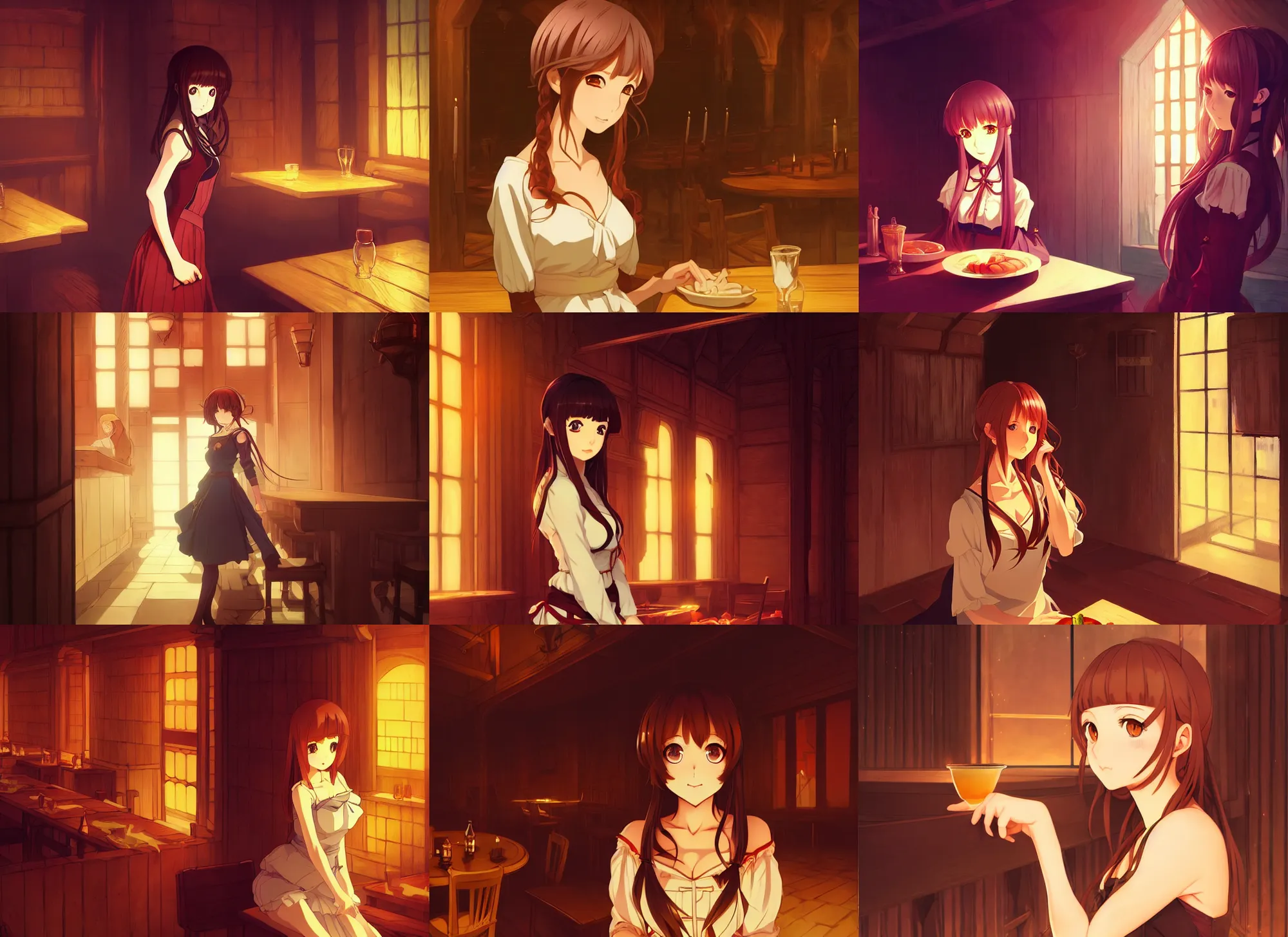 Prompt: anime visual, portrait of a young female in medieval tavern interior at night long hair, low light, cute face by ilya kuvshinov, yoh yoshinari, makoto shinkai, dynamic pose, dynamic perspective, cel shaded, flat shading mucha, rounded eyes,