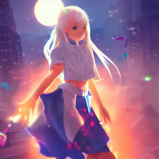 Prompt: Splash art Anime loli, blond hair with pigtails, blue coat and black shorts, she flies by using blue neon powers through the city. Cinematic sunset, faint orange light. Amazing piece Trending on Artstation. Yumei style