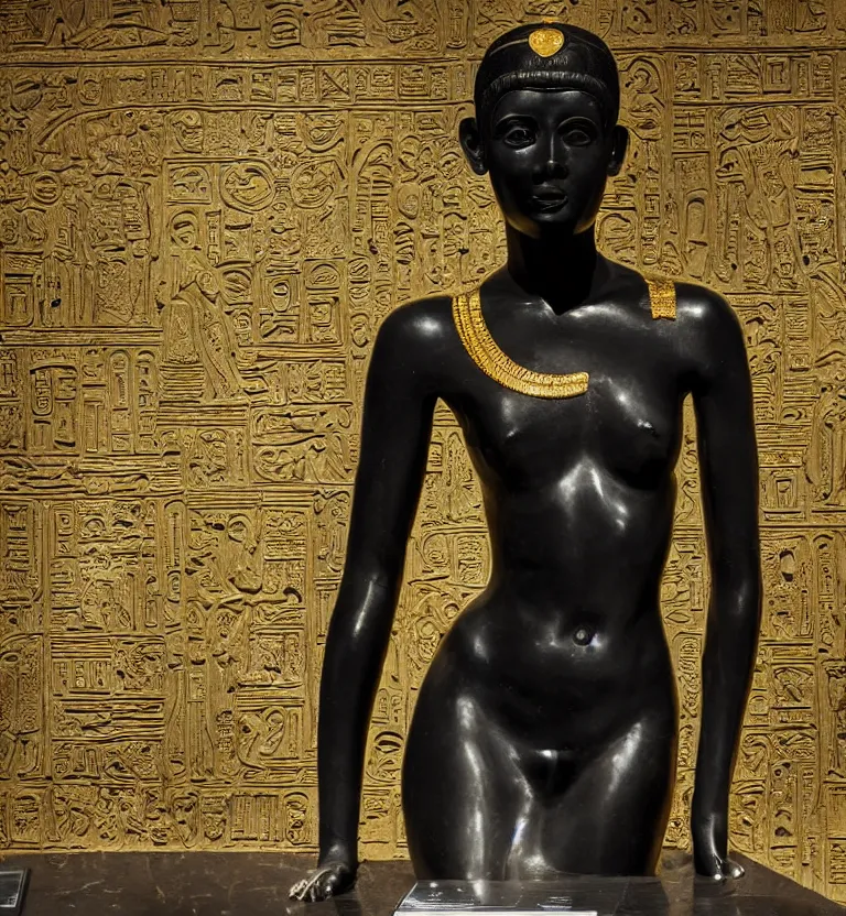 Image similar to a photo at the museum showing a black marble and gold full body sculpture of cleopatra. good quality, good light, anatomically correct, 8 k