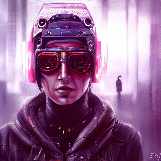 Image similar to extremely detailed portrait of a cyberpunk woman, eye implants, street vendors, citizens, augmented cyborgs, robots, skyscapers, buildings, clouds, sunset, painted by seb mckinnon, high detail, digital art, trending on artstation