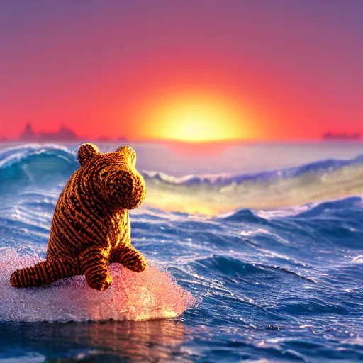 Image similar to a closeup photorealistic photograph of a knitted tiger hippopotamus that is riding a large wave during sunset. surf in the background. professional capture. brightly lit scene. this 4 k hd image is trending on artstation, featured on behance, well - rendered, extra crisp, features intricate detail, epic composition and the style of unreal engine.