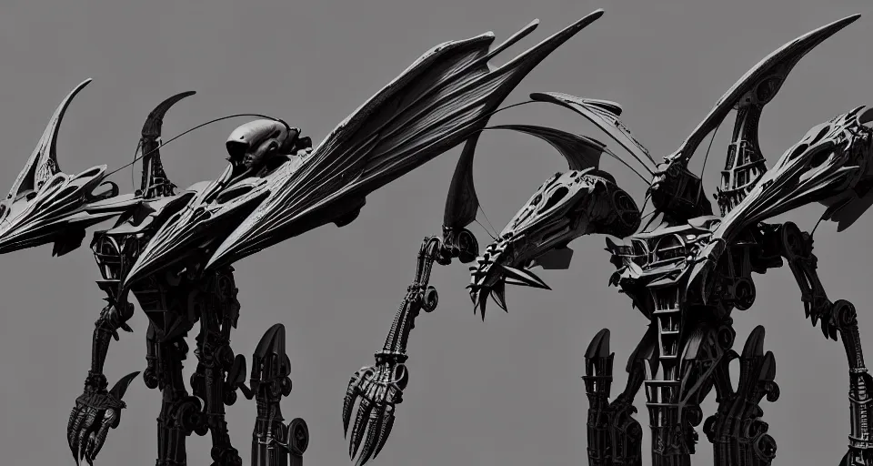 Image similar to pterodactyl cyborg mech wings, by alexandre ferra, zezhou chen, peter gric, mohamed reda and hr giger, hyper detailed line art, screen print, character concept art, realistic, coherent, octane render, zbrush central, behance hd, hypermaximalist