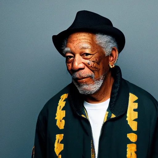 Image similar to a studio photograph of Morgan Freeman dressed as Travis Scott, 40mm lens, shallow depth of field, split lighting