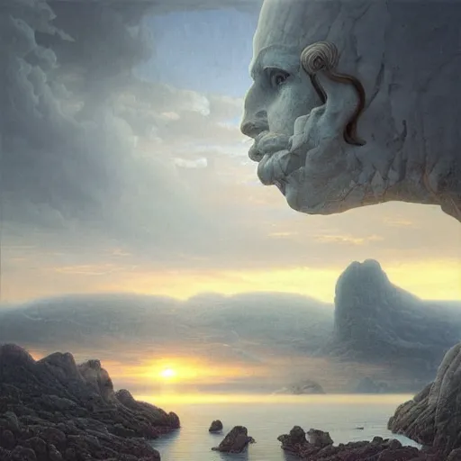 Image similar to David Friedrich, perfect white balance, scifi landscape, hyperrealistic surrealism, award winning masterpiece with incredible details, epic stunning, infinity pool, a surreal vaporwave liminal space, highly detailed, trending on ArtStation, artgerm and greg rutkowski and alphonse mucha, daily deviation, IAMAG, broken giant marble head statue ruins, golden hour