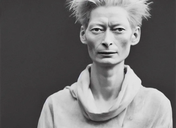 Prompt: professional fine detailed photo portrait of young tilda swinton from makhachkala, dagestan. kid tilda swinton in the postsoviet suburbia, iphone photo, instagram, black and white - - cfg _ scale 7