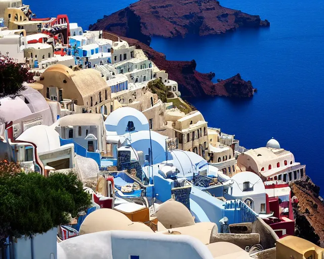 Prompt: a wholesome animation key shot of a Santorini greek city, overhead shot, wide shot, architecture, studio Ghibli, Pixar and Disney animation, sharp, very detailed, high resolution, inspired by Hayao Miyazaki, anime key art by Greg Rutkowski, Bloom, dramatic lighting