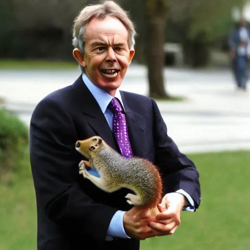 Prompt: Tony Blair devouring a squirrel. The squirrel is half eaten, and has chewed his lips and eyes to pieces