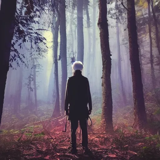 Image similar to stranger in futuristic spiritual mystical post apocalyptic forest, studio ghibli, beautiful, crisp