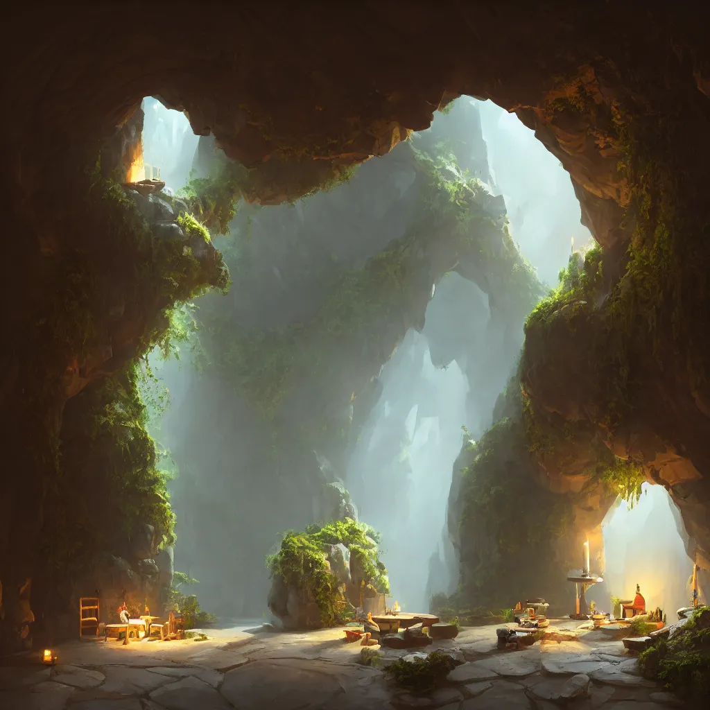 Image similar to secret overwatch common area carved inside a cave, doors to various bedrooms, sheltered, magical, natural light, lush central tree, flowers, candle light, cinematic lighting, clean lines, cozy, fantasy, minimalist architecture, sharp focus, concept art, octane render 4 k, artstation, by greg rutkowski