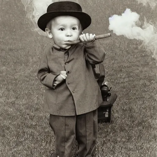 Image similar to two year old boy dressed like an old man smoking a cigar photograph