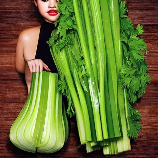 Image similar to selena gomez made out of celery, a human face with celery for hair, celery in the shape of a human face, a bunch of celery sitting on a cutting board, professional food photography