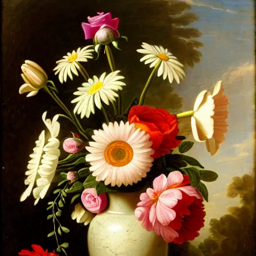 Image similar to a still life of a vase of flowers with a mix of roses daisies and lilies.