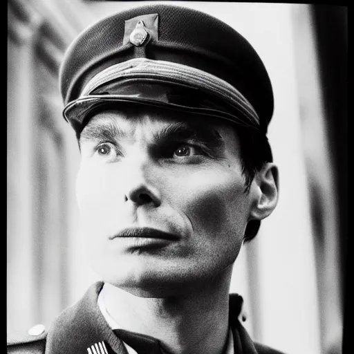Prompt: cillian murphy in a world war ii uniform, black and white film photography, realistic face, cabinet card, 2 5 mm lens, cinematography by roger deakins
