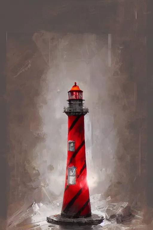 Prompt: a red and white lighthouse inside a clear bottle, very fancy whiskey bottle, intricate concept painting by by eddie mendoza and ross tran and craig mullins