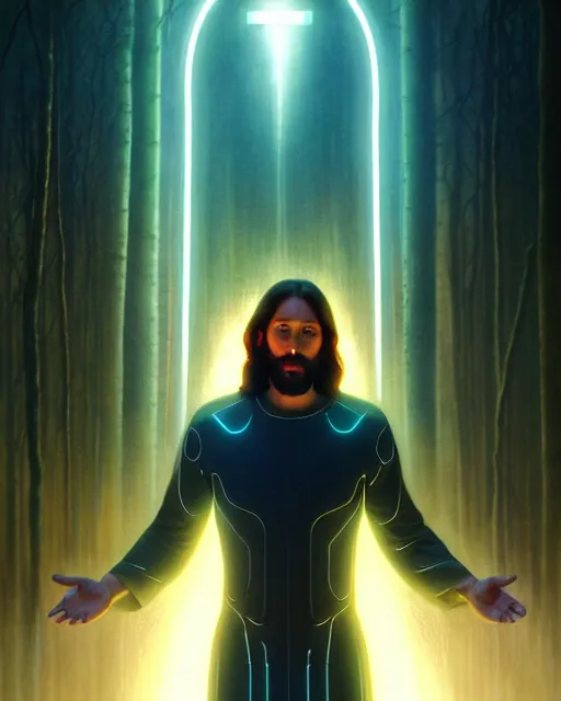 Prompt: tron legacy jesus performing miracles for a crowd in an ancient forest, face, diffuse lighting, hyper realistic, concept art, intricate, hyper detailed, smooth, sharp focus, illustration, artstation, art by greg rutkowski and james gurney and alphonse mucha