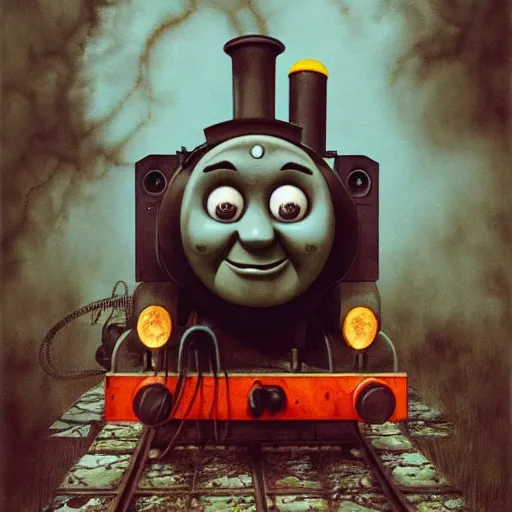 Image similar to watercolor cartoon grunge portrait of creepy horror Thomas the tank engine. intricate abstract. intricate artwork. nightmare fuel. terrifying. by zdzisław Beksiński, wlop, dan mumford , trending on artstation, Greg rutkowski very coherent symmetrical artwork. cinematic, hyper realism, high detail, octane render, 8k